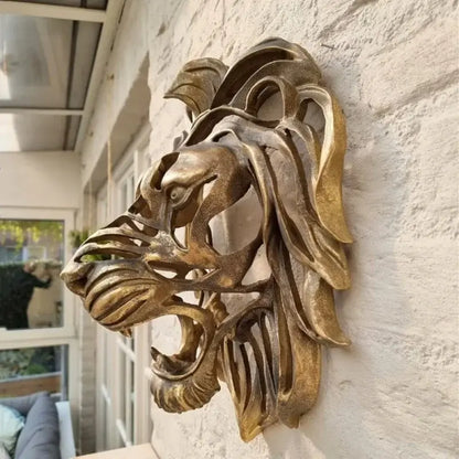 Lion Head Wall Mounted Art Sculpture Gold Resin