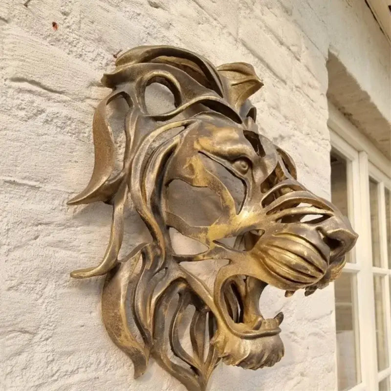 Lion Head Wall Mounted Art Sculpture Gold Resin